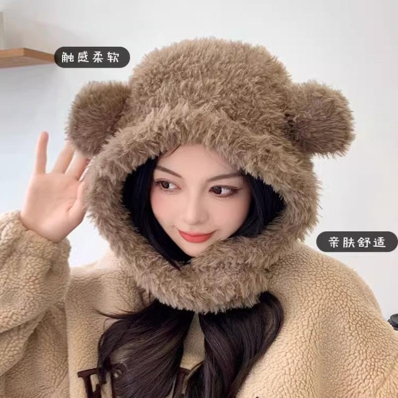 Cute bear ears plush hat scarf integrated women's winter ear protection pullover hat to keep warm and cold