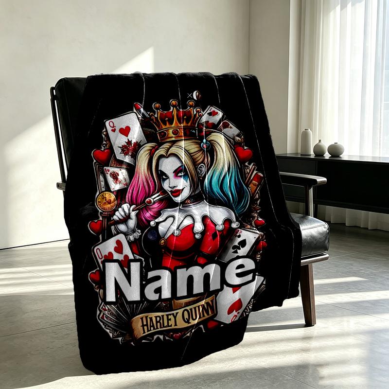 Custom Name Personalized Harley Quinn Joker Print Blanket, Home Decor, Bedroom, Sofa, Camping, Couch, Gifts for Birthday Christmas