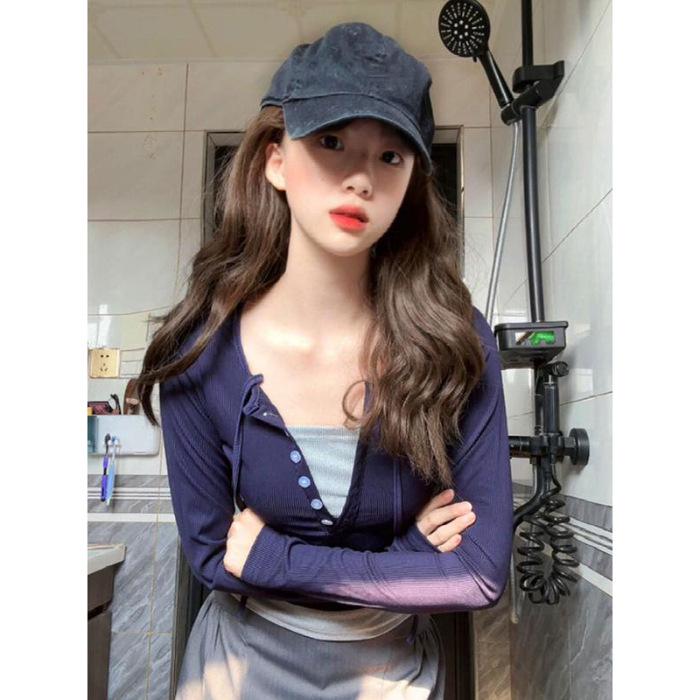 

Женская милая и пикантная футболка с длинным рукавом и халтером из двух частей - уникальный осенний облегающий дизайн M темно-синий