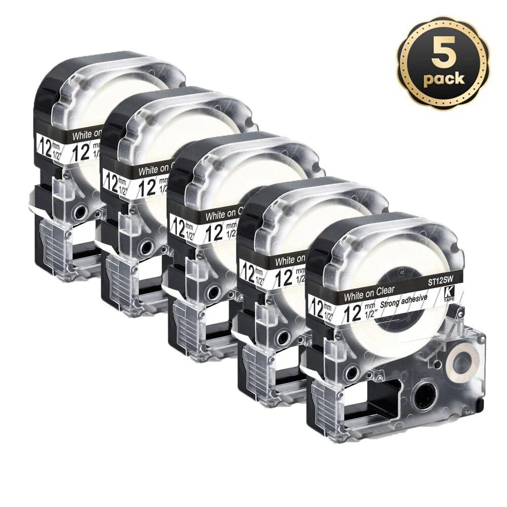 5 pachete 12 mm negru pe alb etichetă compatibilă Epson LC-4WBN / SS12KW SC12RW SC12YW ST12KW pentru imprimanta Epson LW300 LW400 500 600