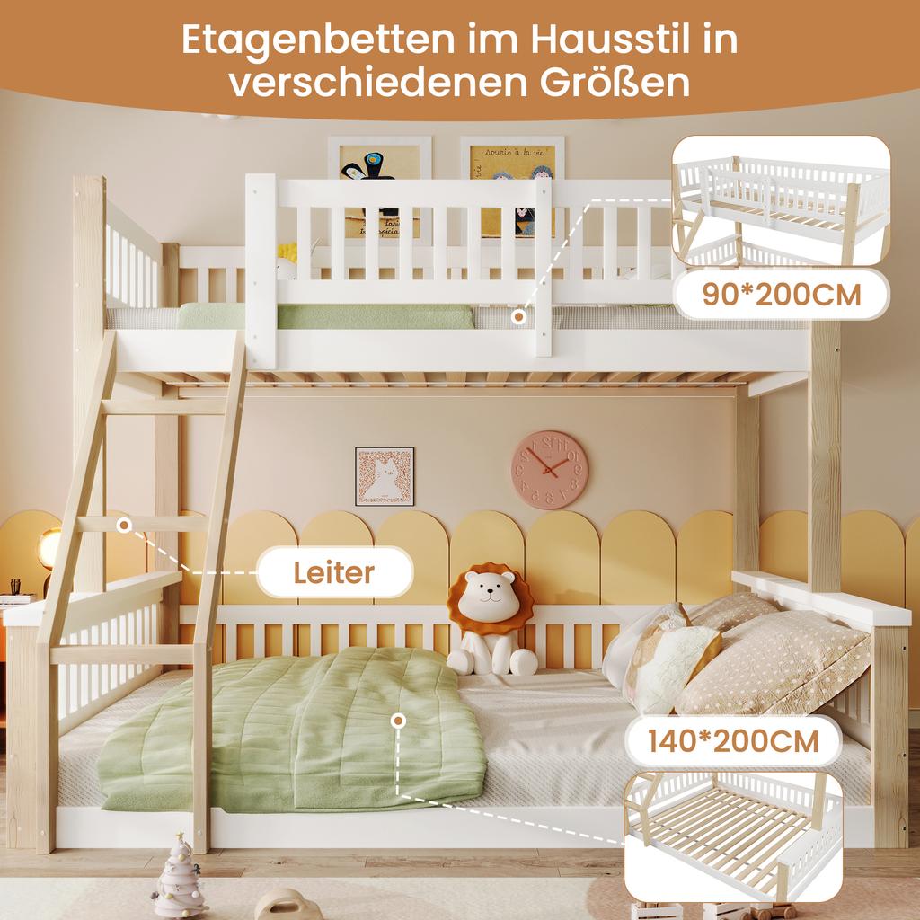 Bunk Bed, 90x200cm+140x200cm, Ladder, Bed Guard Rail, Simple Style, without Mattress, White + Natural