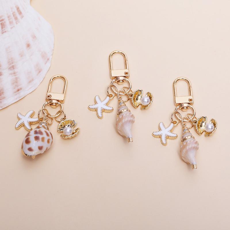 1PC Key Ring Bohemia Tassel Pendant Gold Color Starfish Conch Exquisite Pearl Shell Bag Ornaments Keyrings