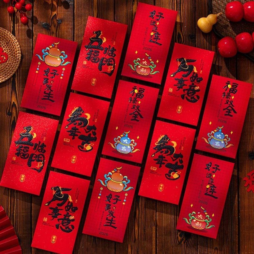 6pcs Cartoon New Year Red Envelopes Traditional 2026 Horse Year Spring Festival Red Packets Blessing Words Hongbao