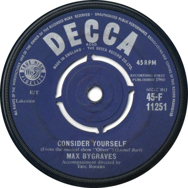 

7inch Record MAX BYGRAVES - Consider Yourself 45F11251 Decca 1960 UK Pop Used