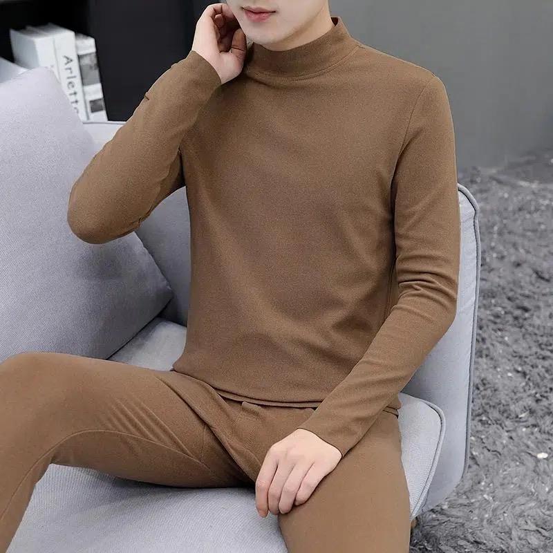 Męski aksamitny ciepły zestaw bielizny termoaktywnej z półgolfem: Szczotkowany polar, zatrzymujący ciepło, zimowa długa bielizna