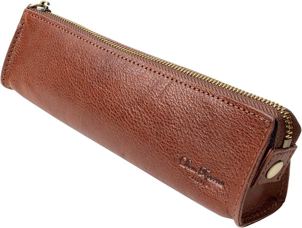 Dom Teporna Genuine Leather Pencil Case, Slim, Stylish, Italian Leather, Smooth Zipper, Small, Fits Fountain Pens, Stationery, Dark Brown