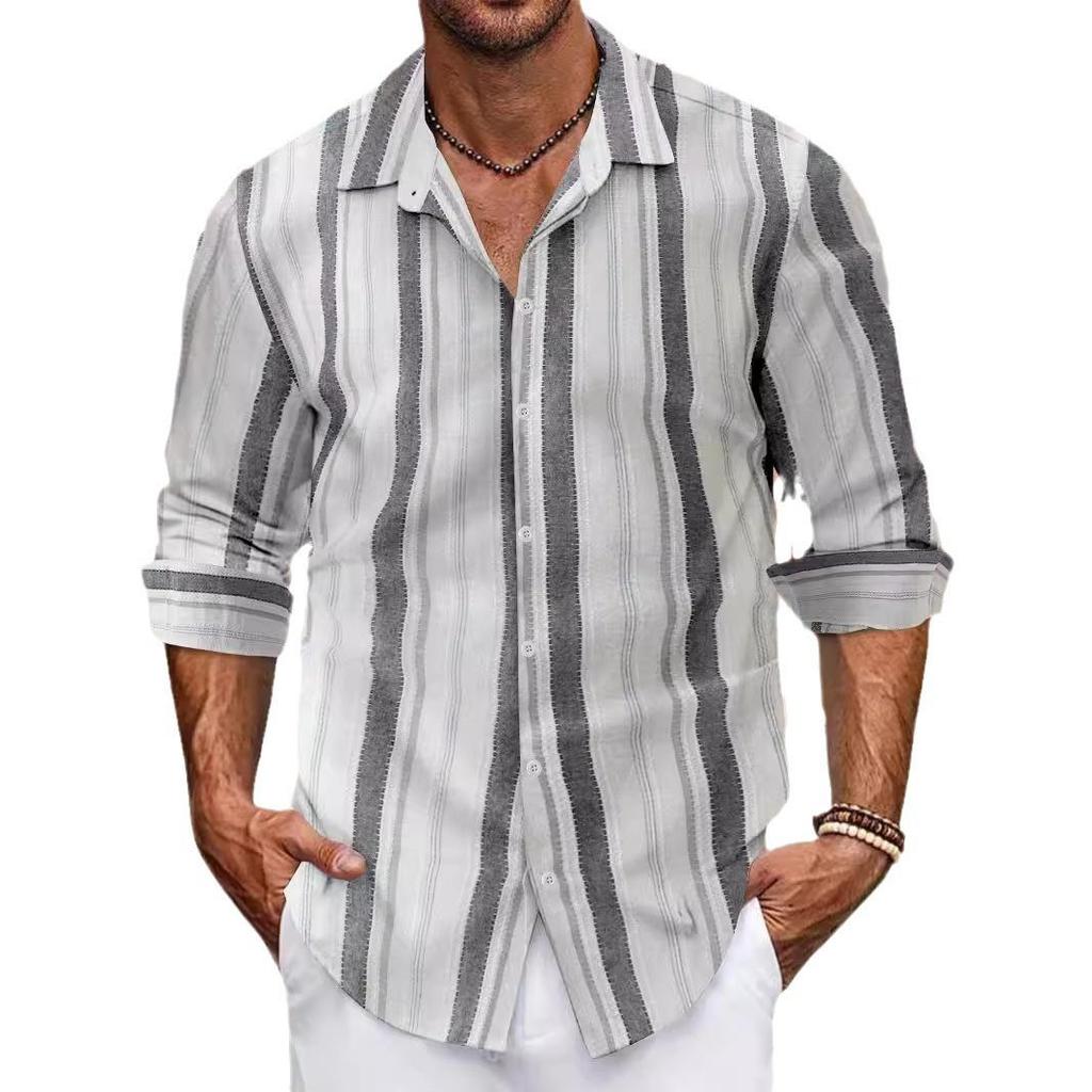 European Size Top Spring Autumn Striped Shirts Button Up Men's Casual Lapel Collar Long Sleeve Shirt