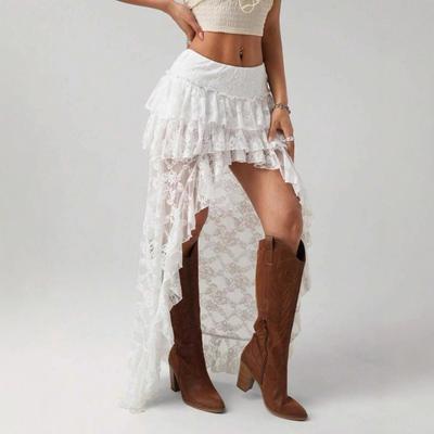 Women's Irregular High Low Lace Skirt Ruffle Tiered Asymmetrical Y2K Mini Maxi Half Skirt