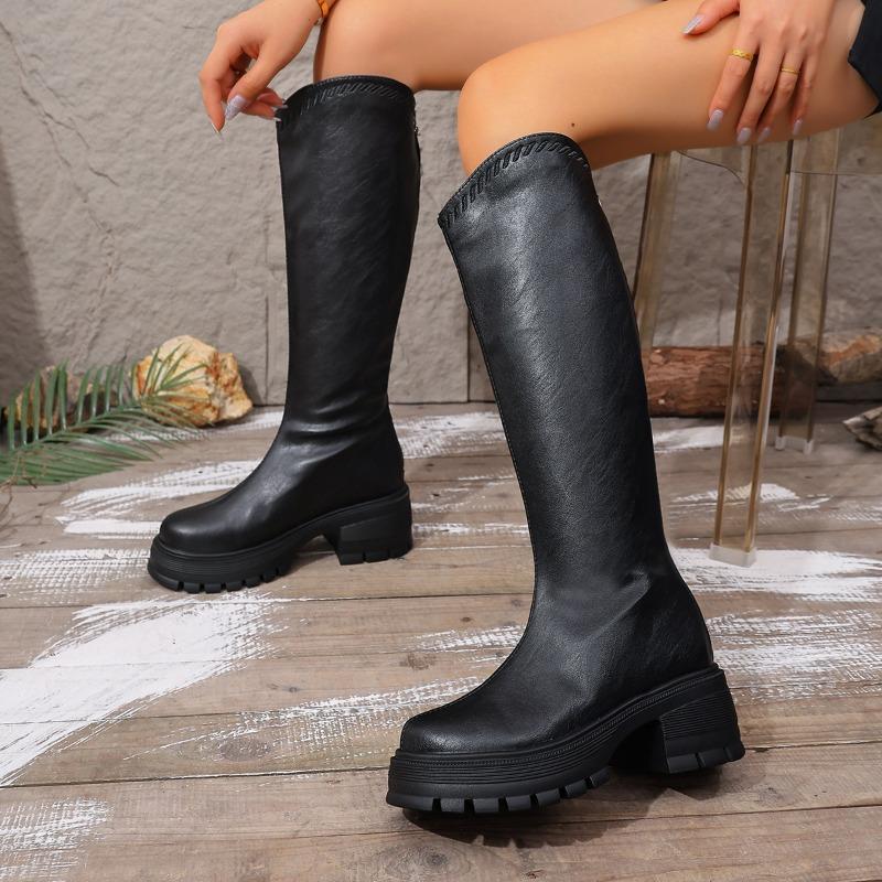 High Stretch Boots Fashion Round Toe Zipper Platform Anti-Slip Wear-Resistant Block Heel Skinny Boots