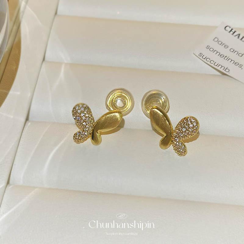

Butterfly micro-inlaid zircon silver earrings metal brushed temperament versatile fashion ear clips mosquito coil disc women without ear piercings