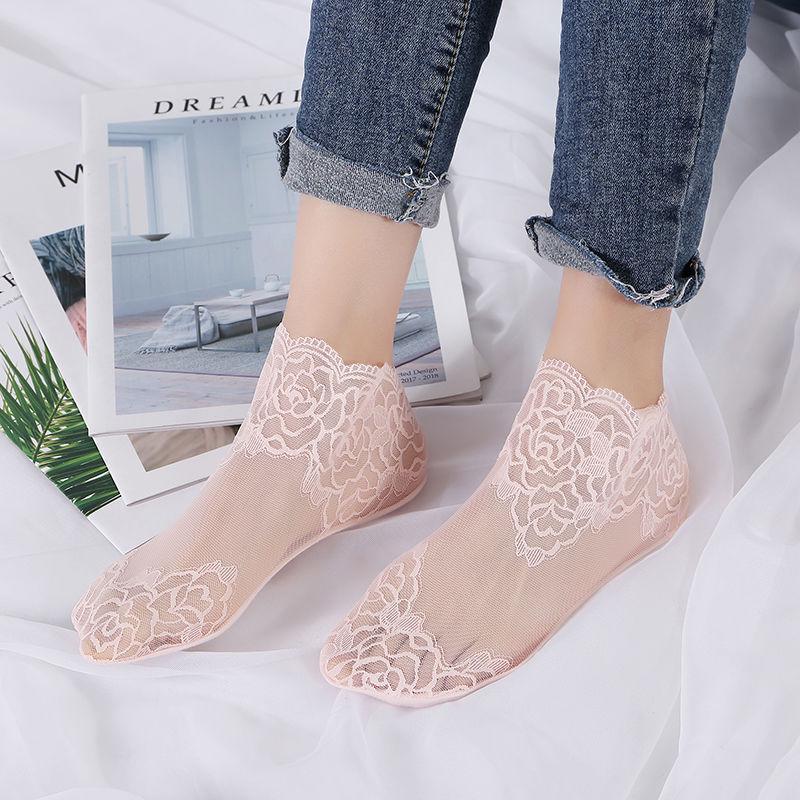 Women's Rose Lace Silk Low-Cut Socks - Spring/Summer Trendy Invisible Boat Style