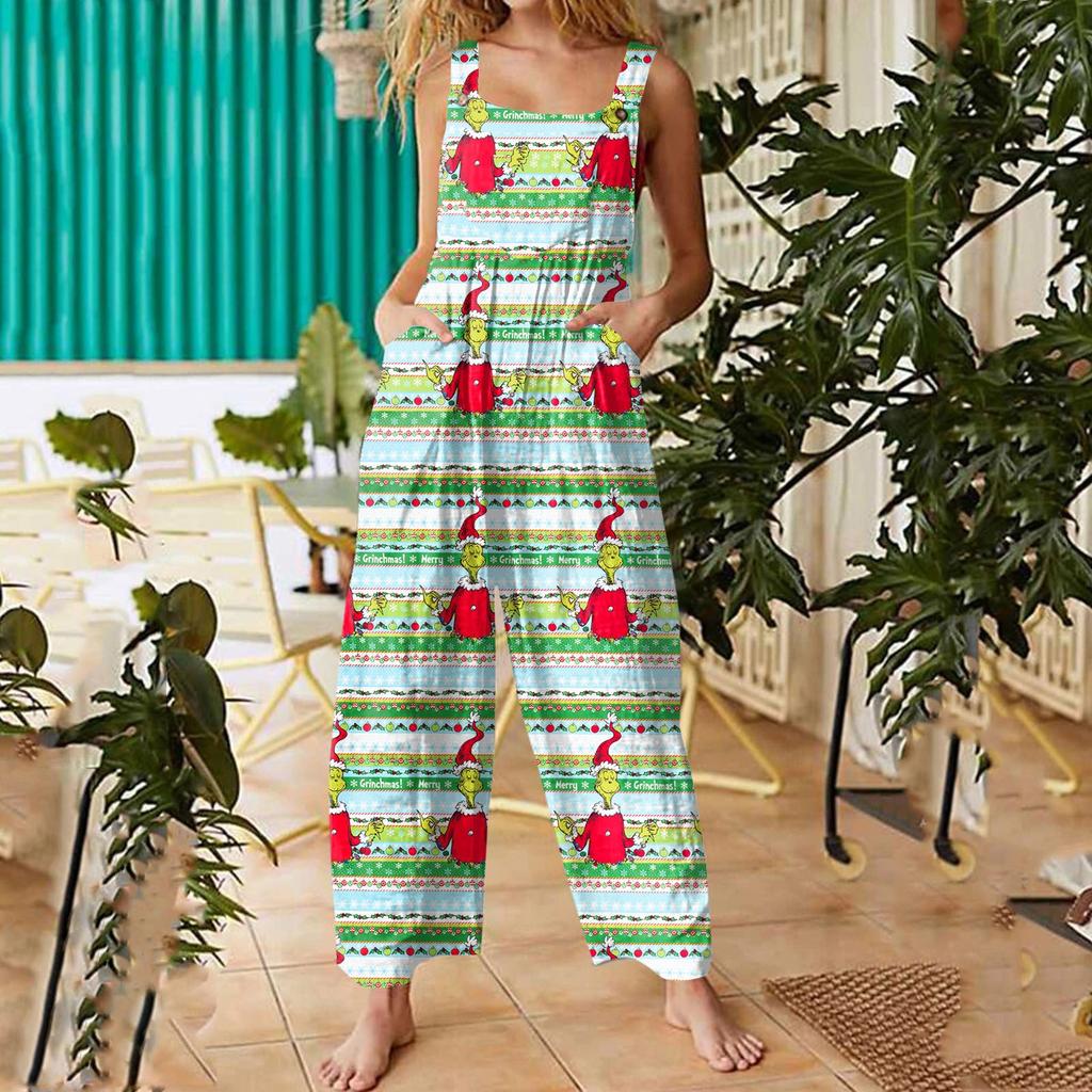 Damen Lässige Overalls Jumpsuits Verstellbare Träger Ärmellos Weihnachtsprint Bequeme Einteiler Mit Tasche