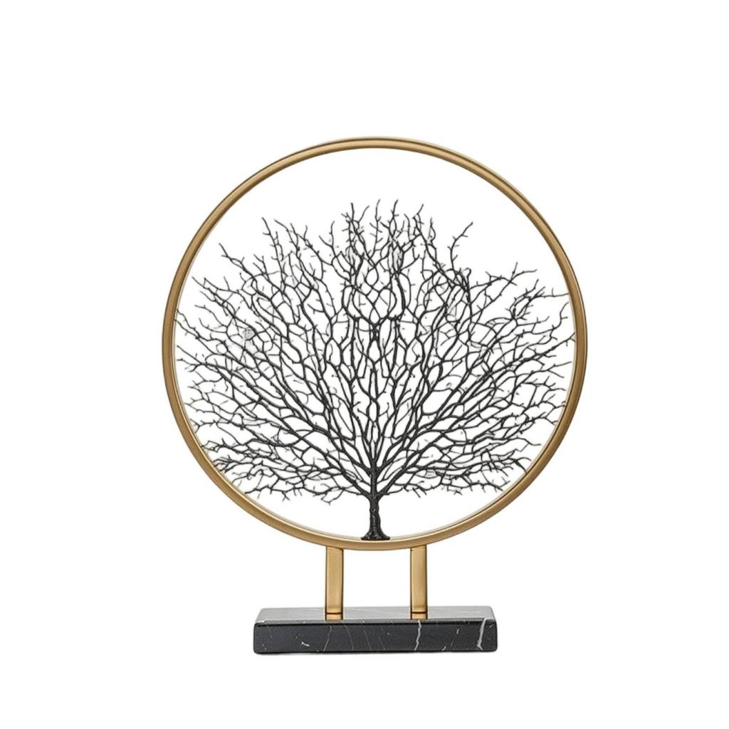 Metal Tree Figure Gold Arboreal Outline with Circular Structure Frame Minimalist