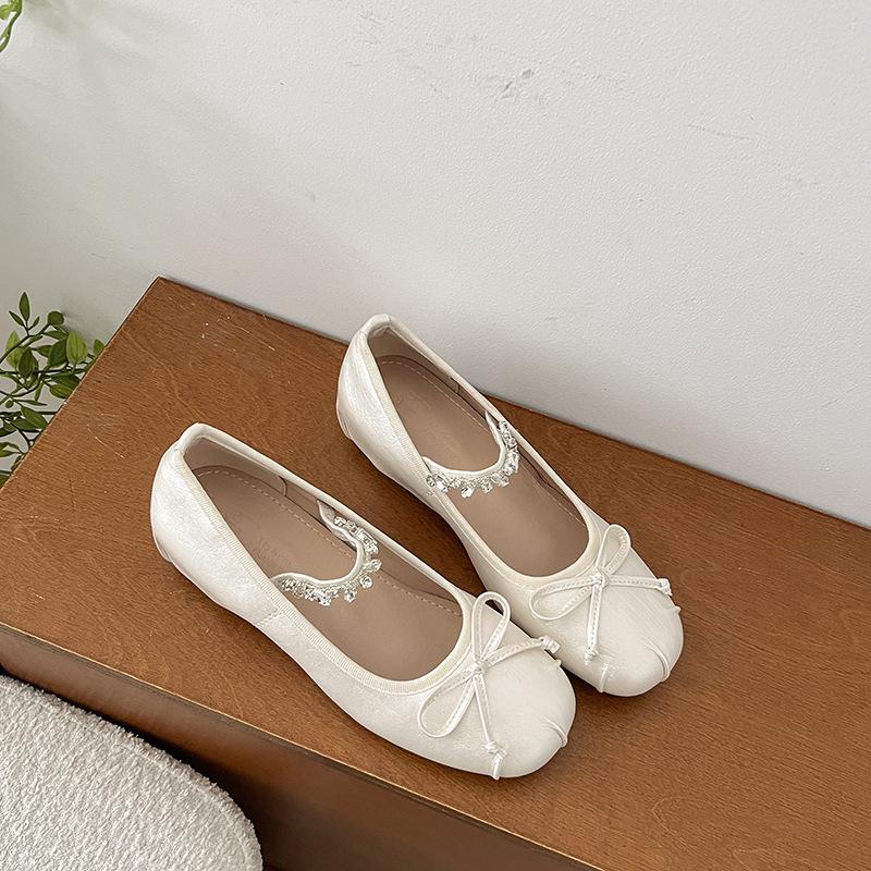 Bow Rhinestone Shallow Mouth Mary Jane Women's Shoes New with Skirt Inner Height Increase Ballet Shoes