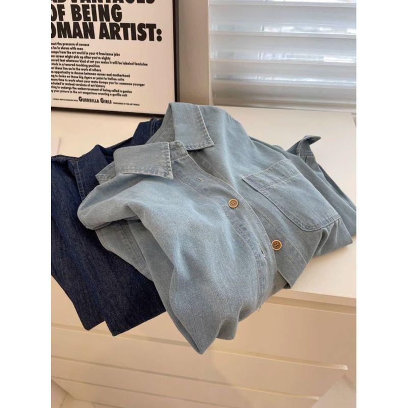 Guangzhou Thirteen Lines Women clothes Wear ~ Deep Light Blue Demin shirt ~ Retro Casual Shirt Spring and Autumn Thin Outerwear