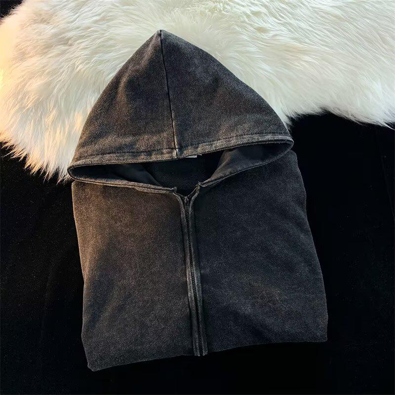Men s Retro Oversized Distressed Hooded Sweatshirt Jacket - Spring/Autumn Loose Fit Zipper Cardigan M