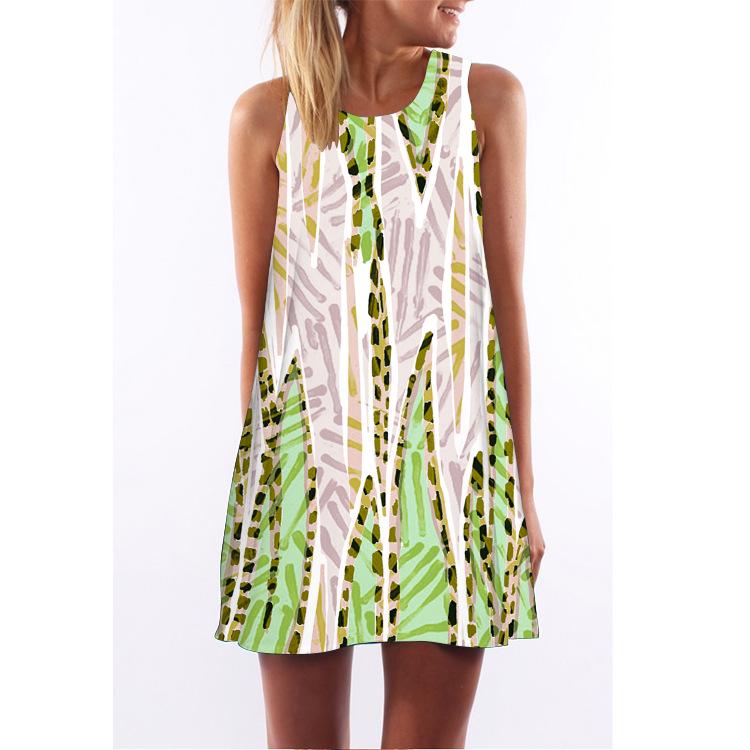 European Station European and American New Retro Digital Printing Round Neck Hot-selling Off-the-shoulder Medium and Long Vest Dress