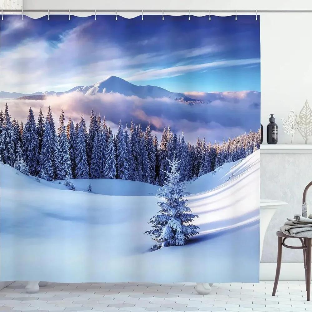 Winter Forest Shower Curtains Snow-Covered Pine Alpine Peaks Idyllic Early Morning Scenery Seasonal Christmas Elk Bathroom Decor