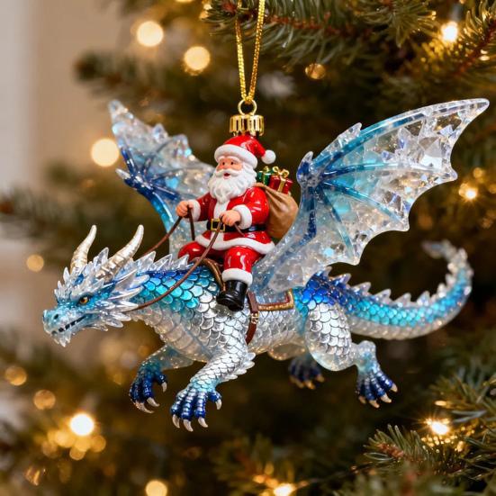 Santa Claus Riding A Dragon Ornaments Fantasy Themed Santa on Dragon Christmas Ornament 2D Acrylic Hanging Decoration for Tree Car Window Yard Decor