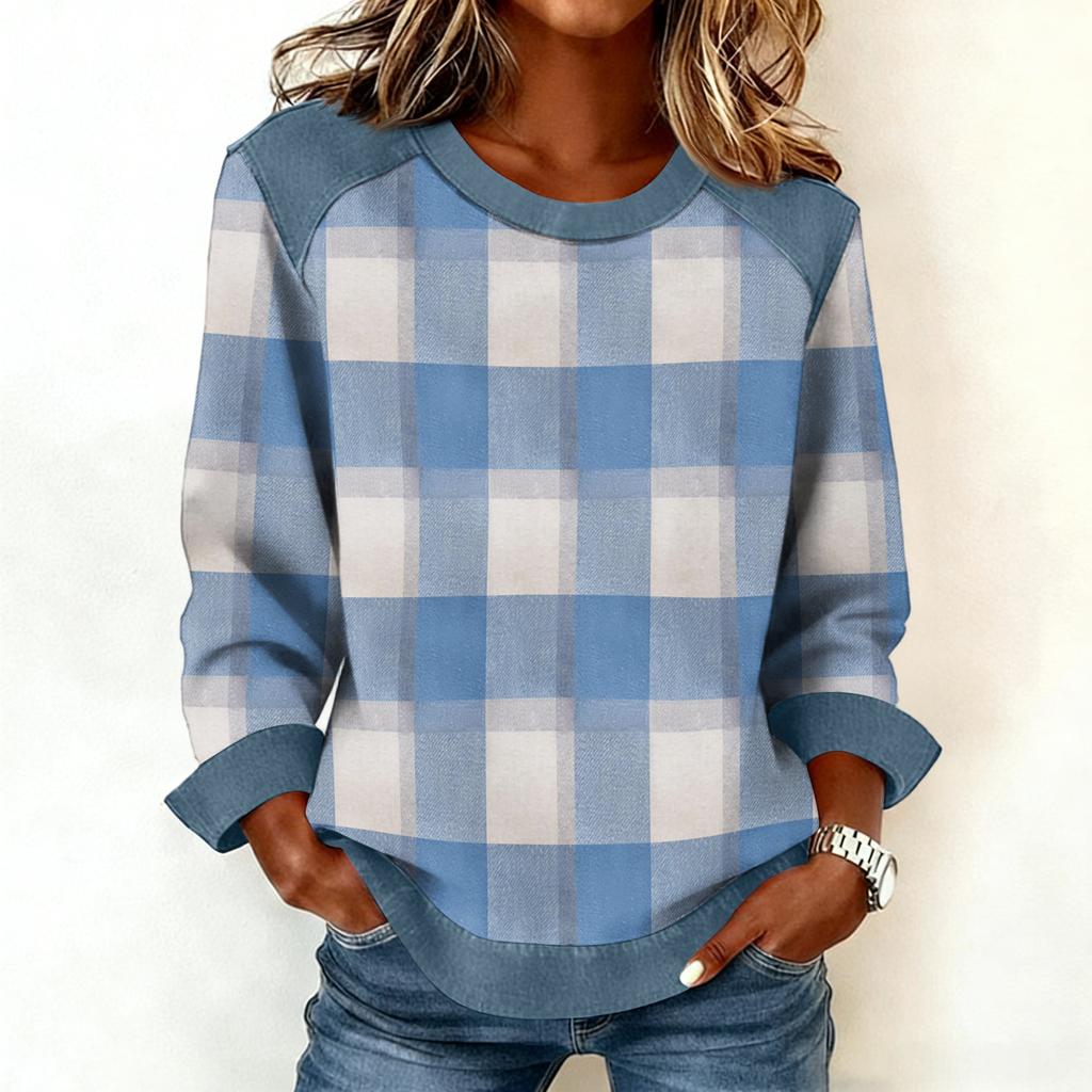 Damen Jeanskragen Patchwork Nähte Sweatshirt Lässig Pullover Langarmshirts