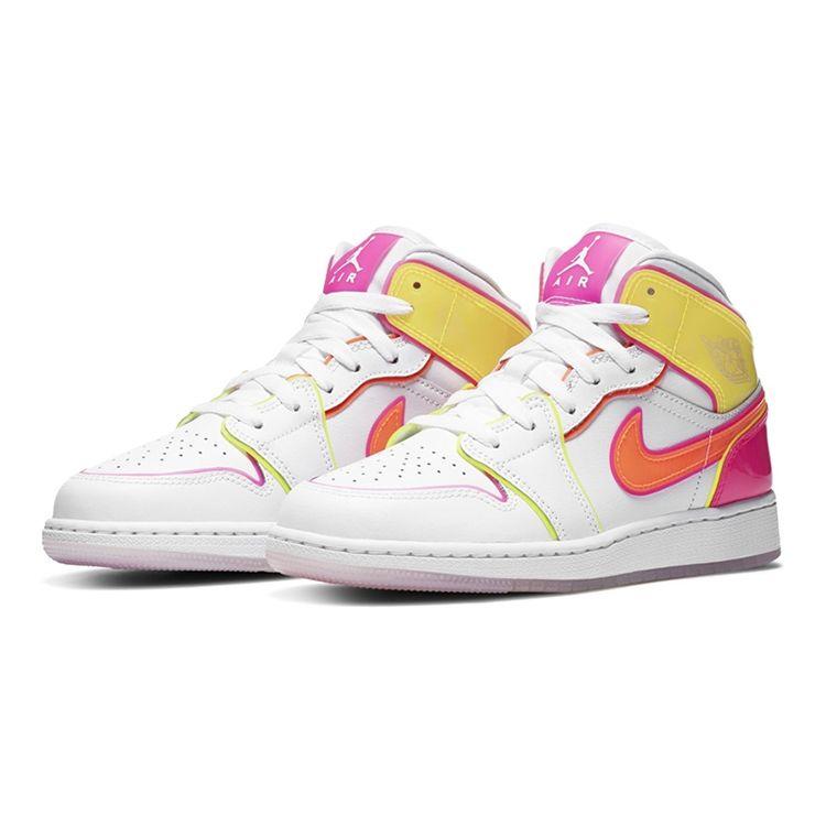 Air Jordan 1 Mid SE GS Edge Glow Kids Sneakers White Hyper-Crimson Pink-Blast CV4611-100