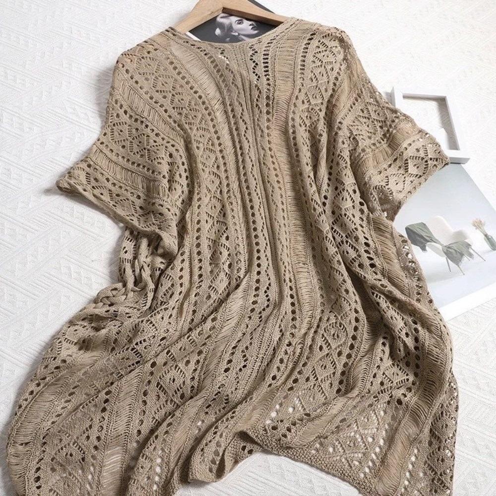 V-neck Hollow Out Swimsuit Cover Up Oversized Beach Wear Leisure Knitted Bikini Cover Up  Pool