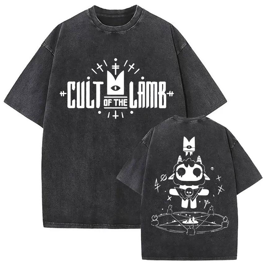 Cult of The Lamb Camiseta Lavada Vintage para Hombre Holgada Moda Humorística Camisetas de Manga Corta Ropa de Verano Camiseta