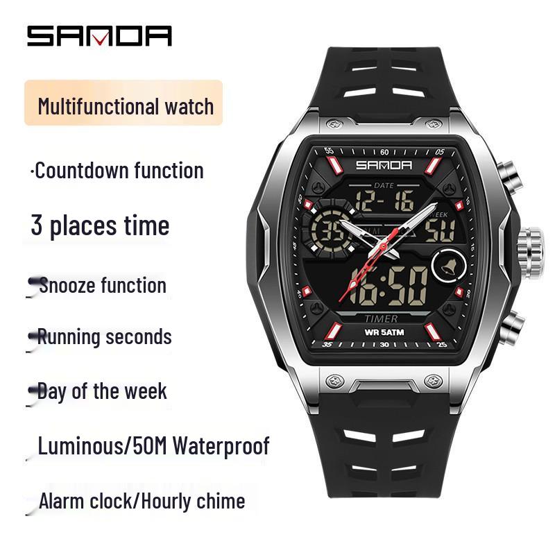 Sanda Dual-Movement Barrel Watch: Luminous Alarm, Large Dial, Multifunctional Student Watch.