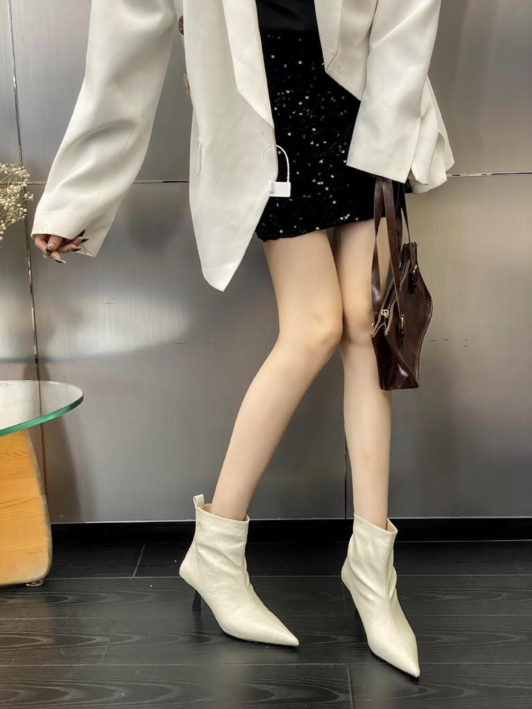 2025 Autumn New Pointed Thin Heel High Heel Temperament French Fashion Sexy Beautiful Women Short Boots