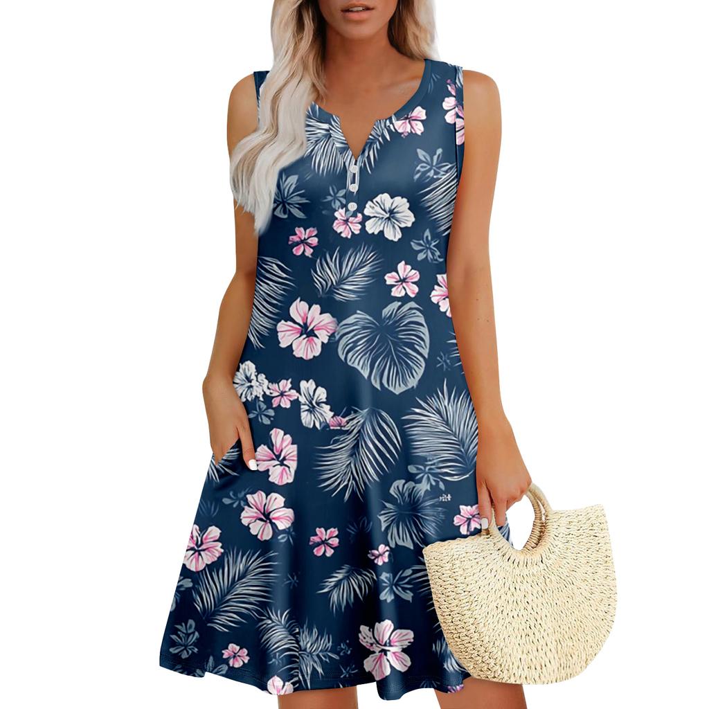Abiti estivi da donna, larghi, senza maniche, con scollo a V e tasche