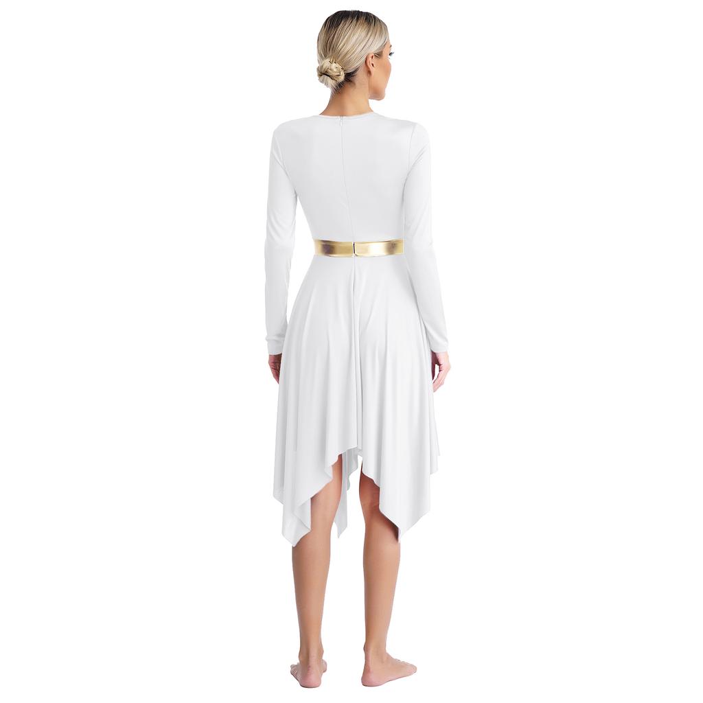 Womens Worship Dance Dress Metallic Color Block Long Sleeve Irregular Hem Liturgical Performance Costume for Church