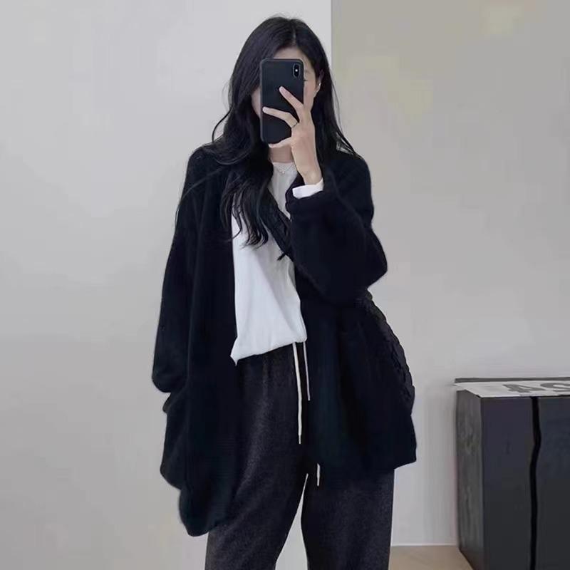 Autumn and Winter New Loose Casual Simple Knitted Cardigan Top Women's Solid Color Versatile Outer Sweater Jacket