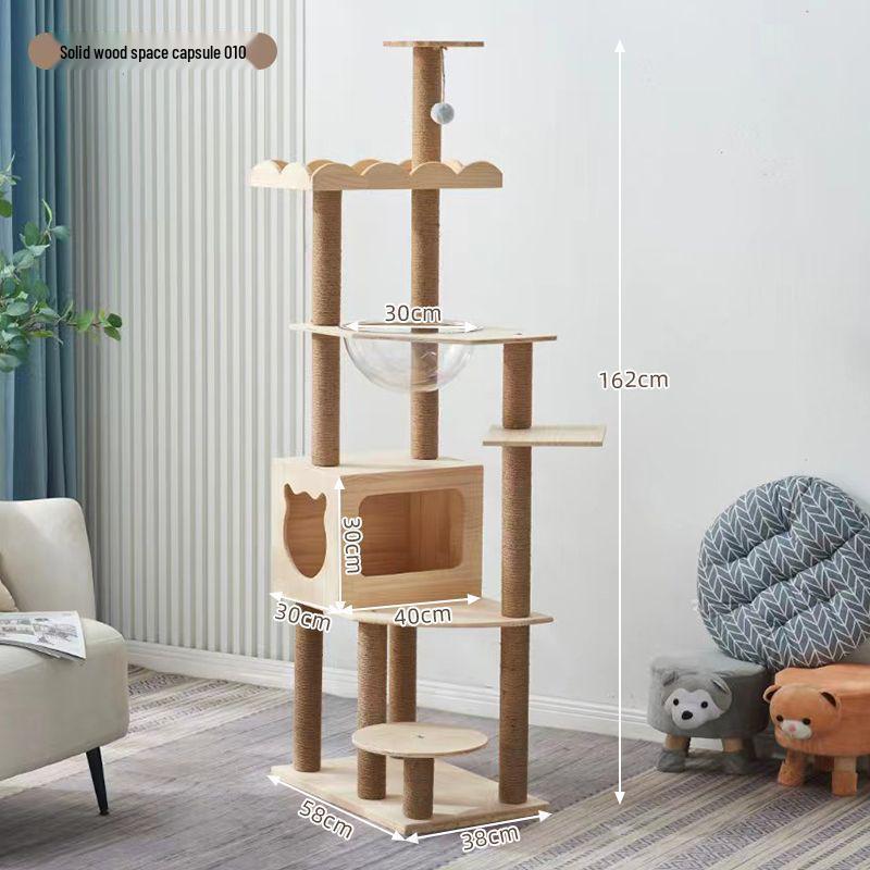 Solid Wood Multi-Layer Cat Climbing Frame with Space Capsule Bed and Shelf