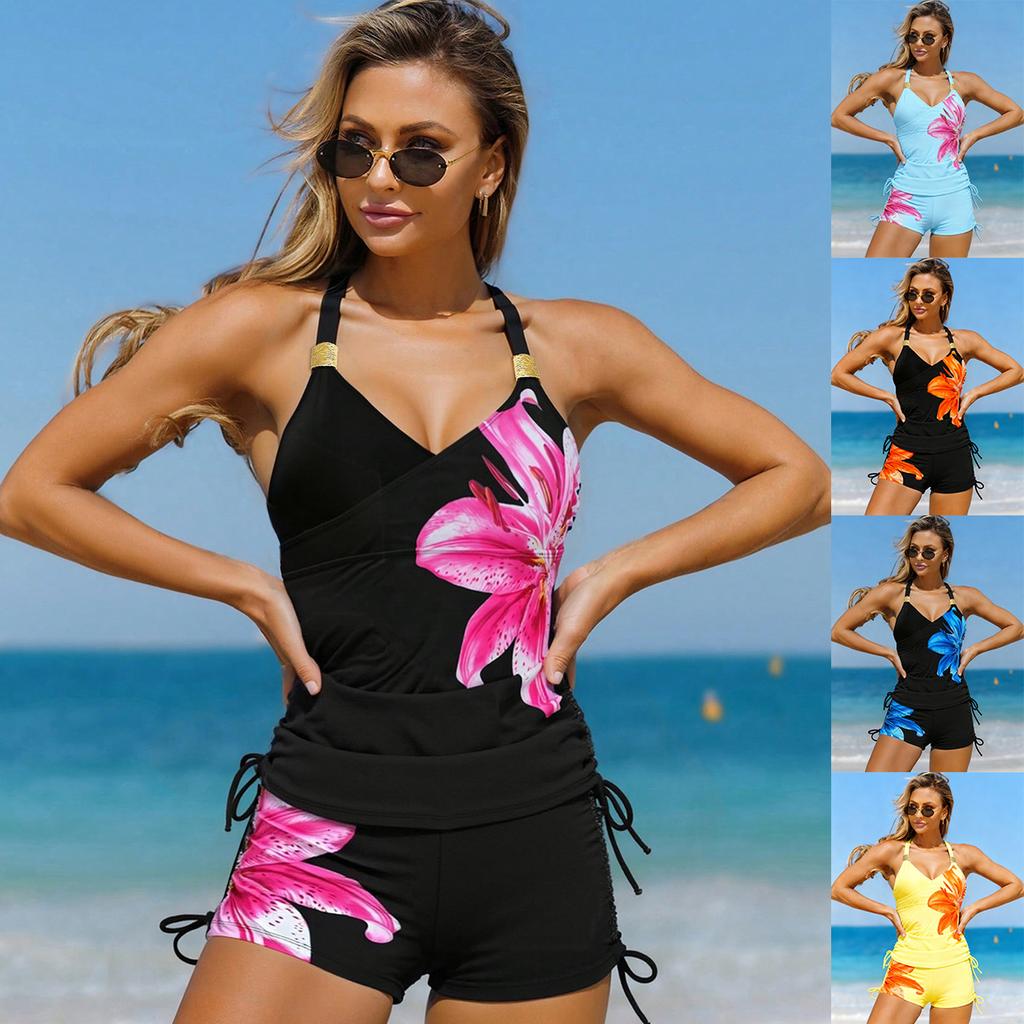 Vintage Black Floral Print Tankini Set Women Sports Drawstring Side Tank Top High Waist Short Beach Two Piece Swimsuit