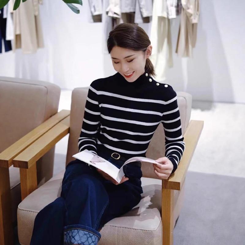Autumn New Fashion Versatile High-end Striped Sweater Sweater Women's Chic Western Style Bottoming Shirt Top