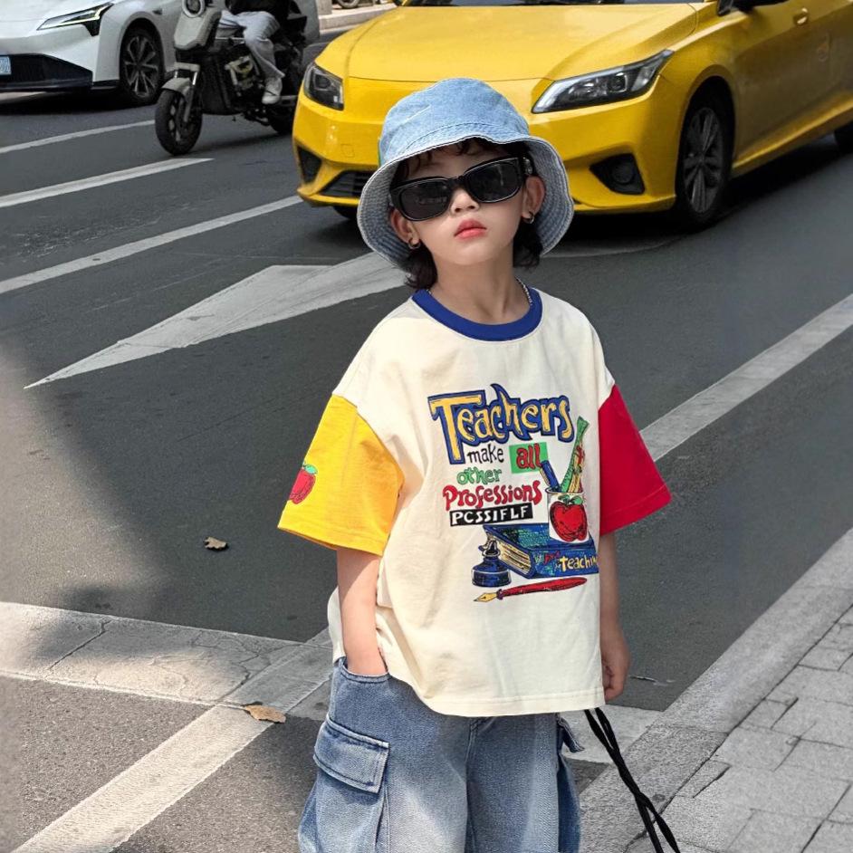 

Детская футболка с коротким рукавом из хлопка в корейском стиле для мальчиков и девочек - Летняя одежда 150 cm