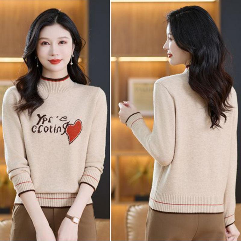Women's Thickened Wool Sweater Autumn Winter Half-High Neck Printed Wool Sweater Loose Knit Pullover Top