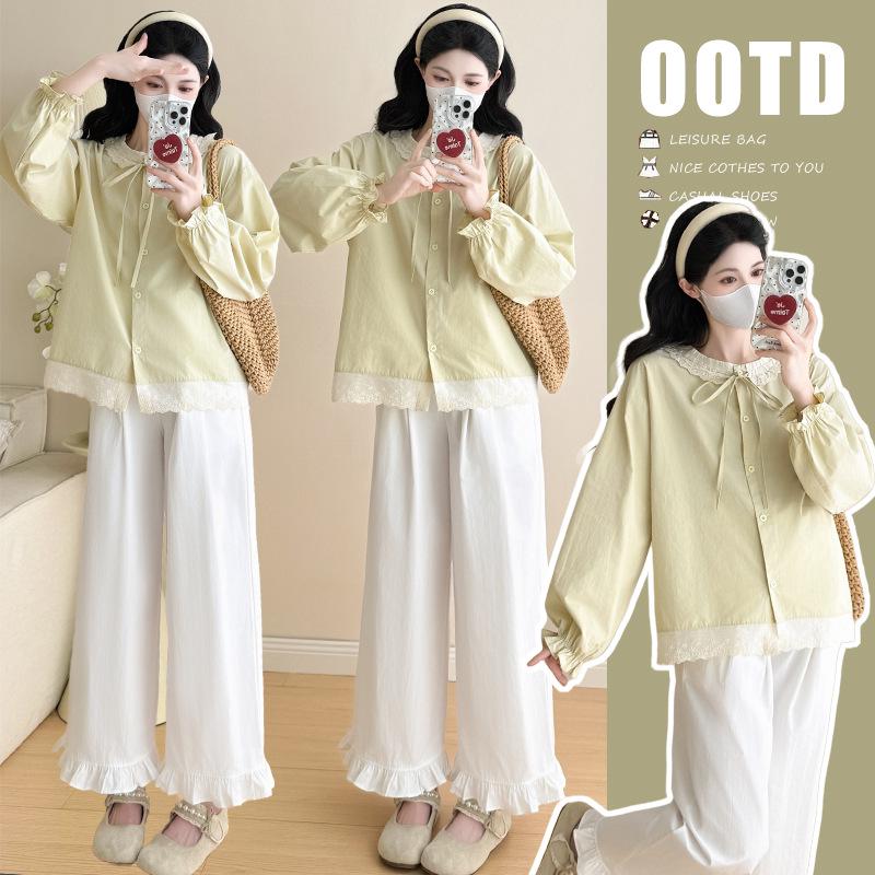2026 Spring Maternity Lace Collar Shirt & Ruffle Pants Set L