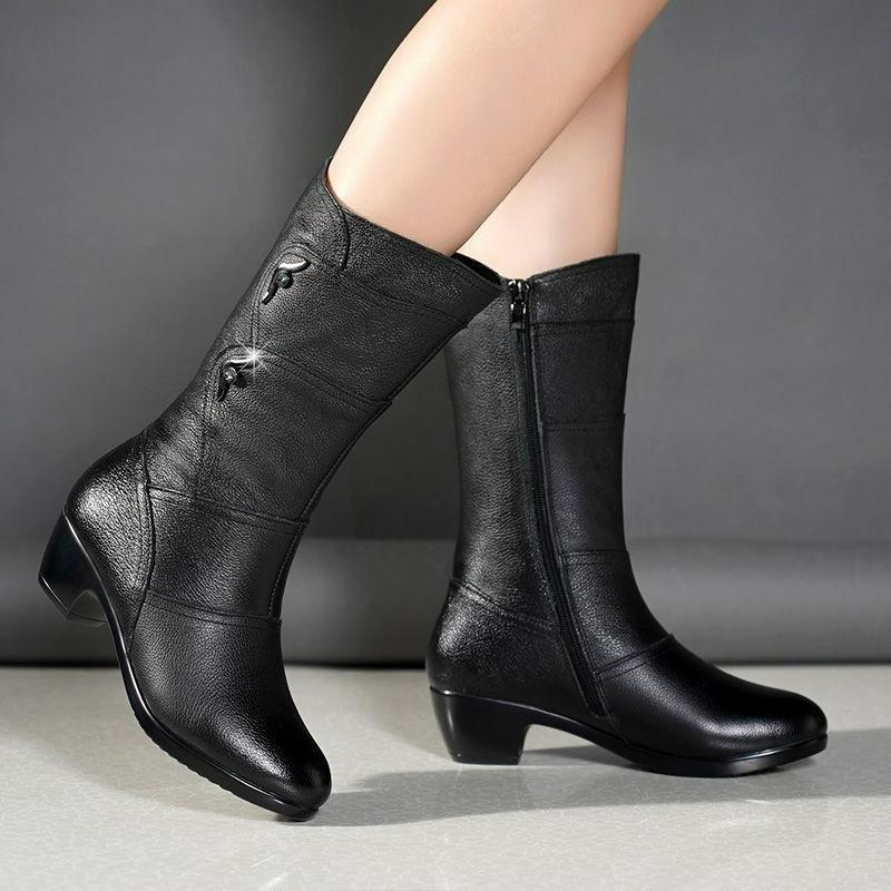 Wedge-heeled Women's Boots, Mid-tube Boots, Low-heeled Flat-bottomed Large Size Plus Velvet Boots, Soft Leather Mother Boots, Autumn