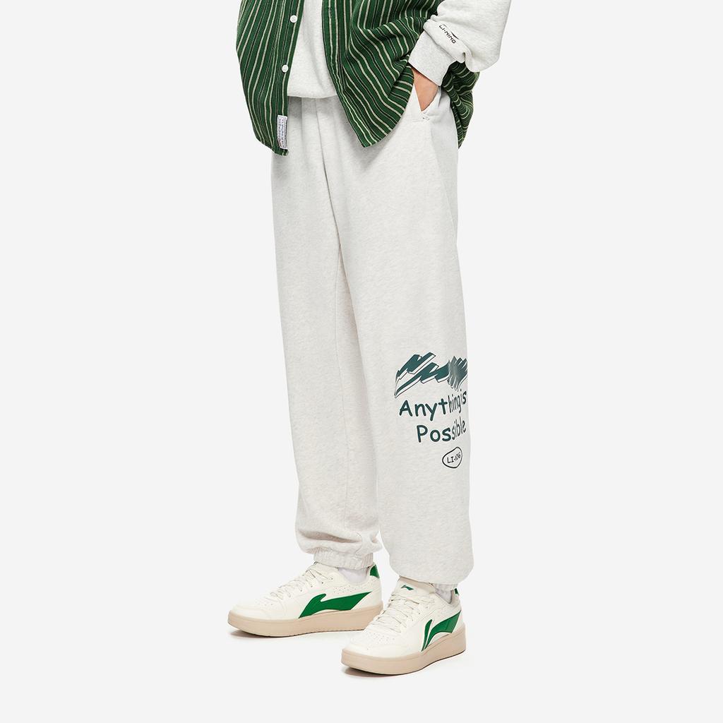 Li Ning Serie Stile di Vita Sportivo Lettera Pile Morbido Caldo Versatile Polsini Pantaloni da Tuta Lavorati a Maglia Uomo pantaloni Piastrelle Grigio Fiore-Grigio AKLU921-2