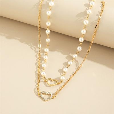 Fashion Double-layer Pearls Stacked with Retro Collarbone Chain Neck Chain, Full of Diamonds Hollowed Out Love Pendant Necklace