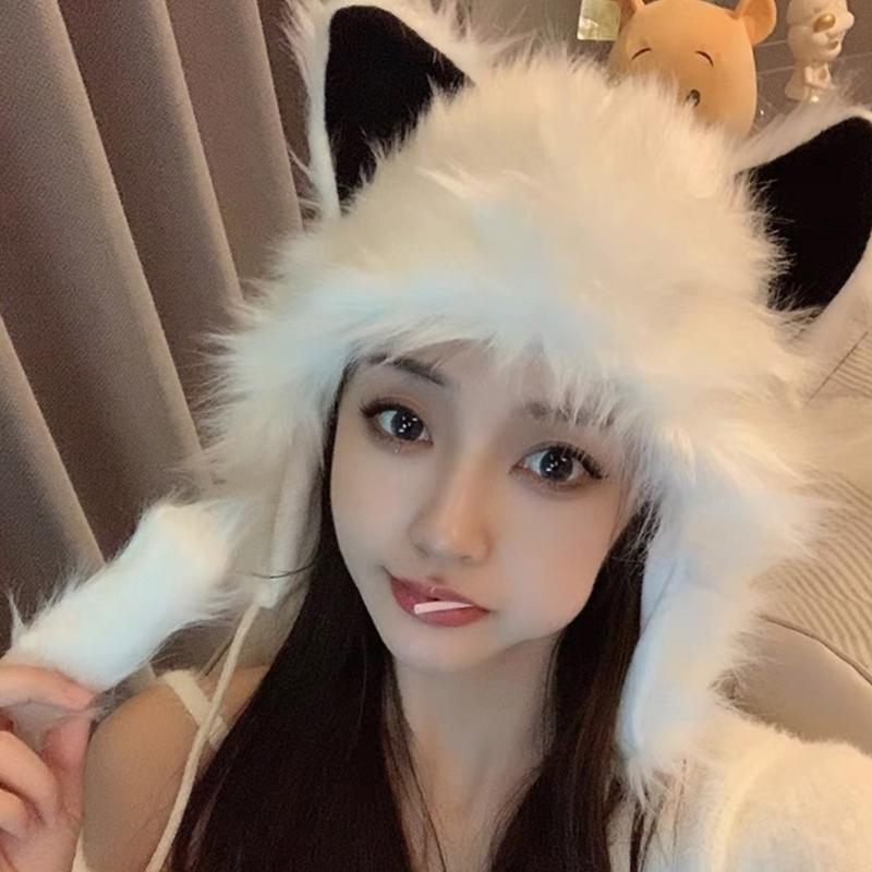 Cartoon Foxes Ear Hat Winter Furry Plush Hats for Women Plush Keep Warm Hats Cold Weather Christmas Gift for Girls
