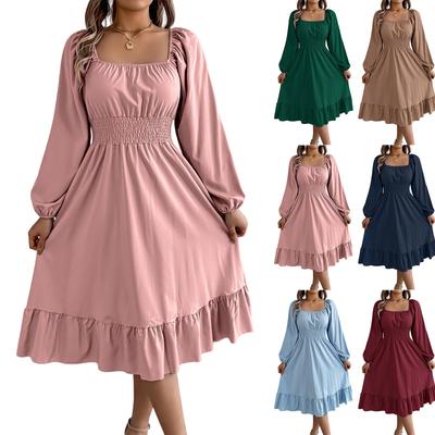 Women's Casual Solid Color Square Neck Long Sleeve Cinched Waist Ruffled A-line Skirt Dress