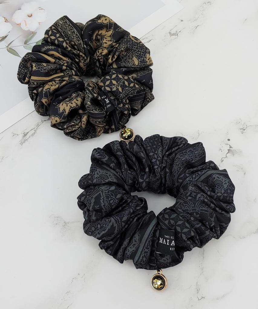 Maia Emblem Pattern Hair Scrunchie - Beige Bk