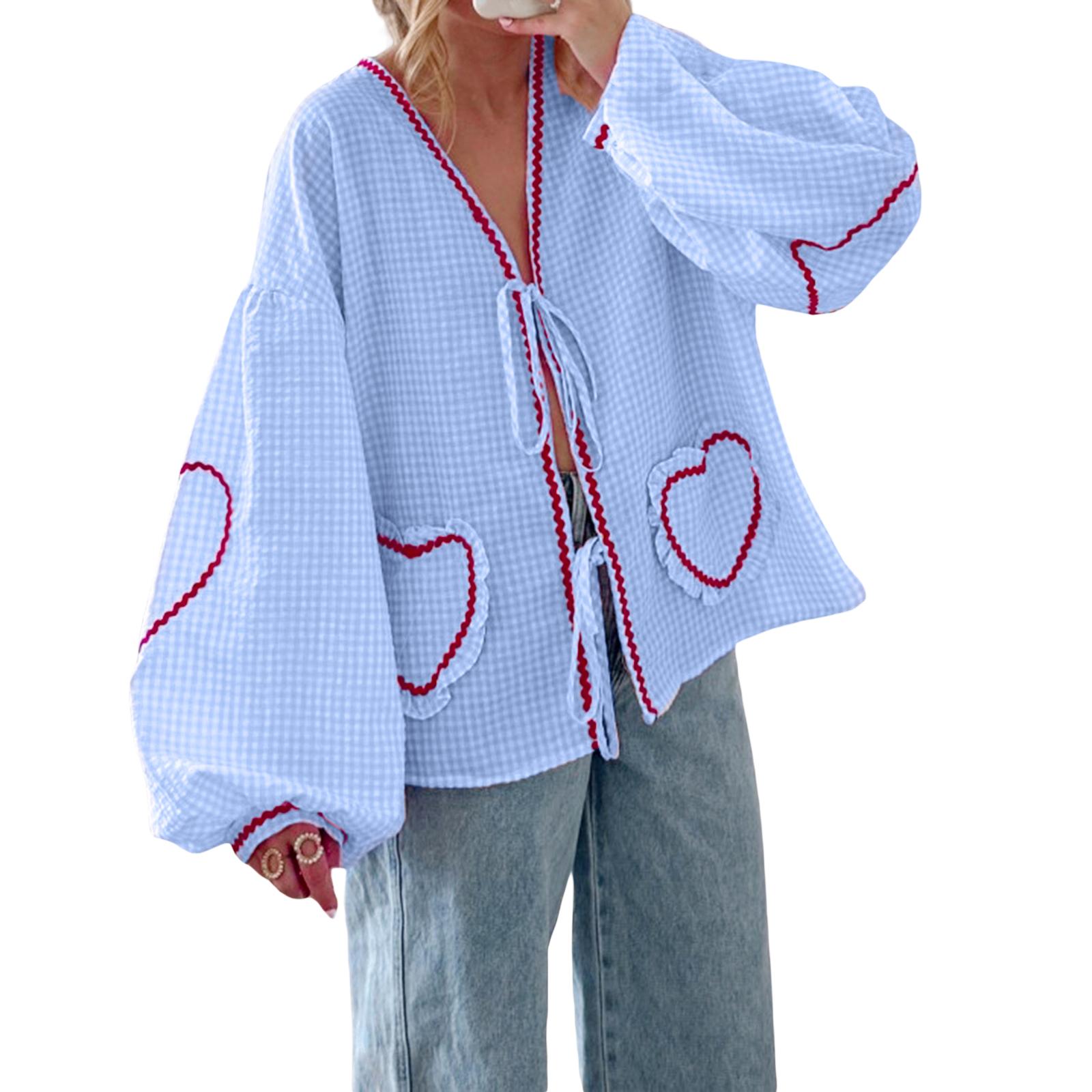 

Женские рубашки с длинным рукавом, вышитые сердечками, клетчатые блузки с бантом спереди, модные повседневные топы на весну и лето XL синий