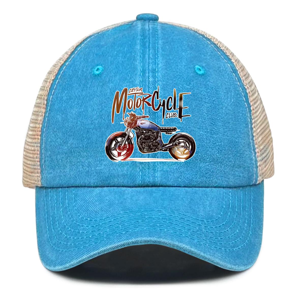 

Красивая бейсболка с принтом мотоцикла Snapback Mesh, мужская бейсболка из полиэстера с необработанными полями, однотонная регулируемая бейсболка с солнцезащитным козырьком as the picture синий