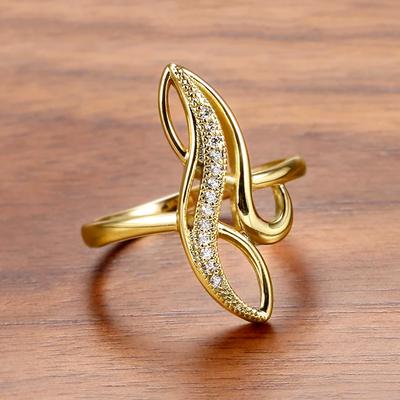 Huitan Graceful Contracted Style Ring Female Daily Party Jewelry Gold Color Brilliant Zirconia Finger Accessories for Engagement