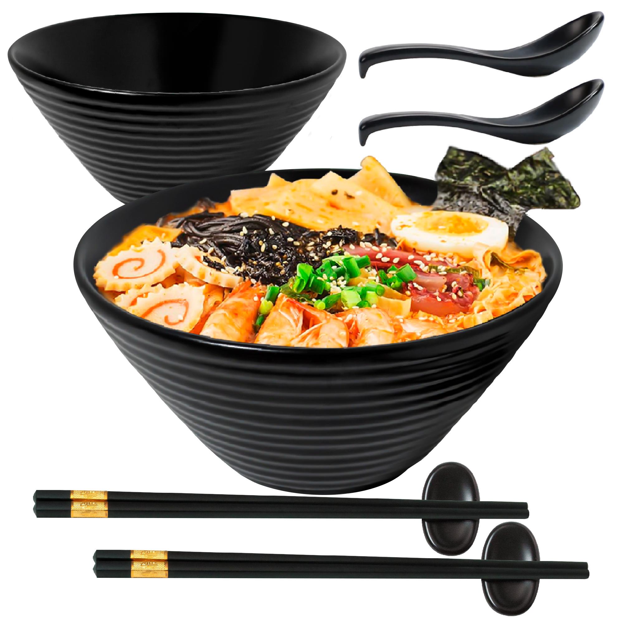 Ceramic Ramen Bowl Set of 2 Noodles Bowl with Chopsticks and Spoons 38oz Ramen Bowl Soft Black 7.7 чёрный