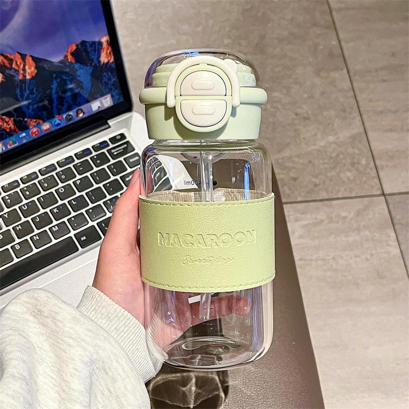 Double drink glass water cup for girls ins high value, temperature resistance and anti-scalding, cute light luxury, high-end feeling, cup with straw.