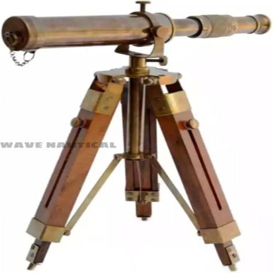 Brass Telescope With Wooden Tripod Stand Maritime Nautical Vintage Desk Décor